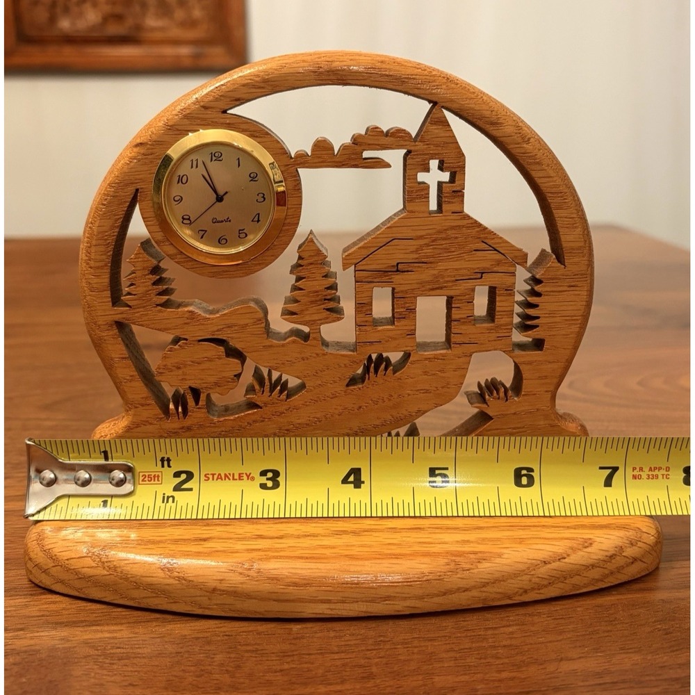 Handcrafted Wooden Church Country Scene Desk Clock Rustic Oak Americana Decor - Picture 2 of 6
